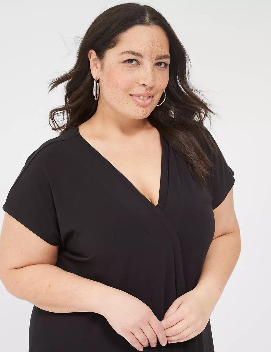 Lane Bryant V-Neck Pleat-Front Jersey Casual Jurk Dames Zwart | ZRE7063UJ