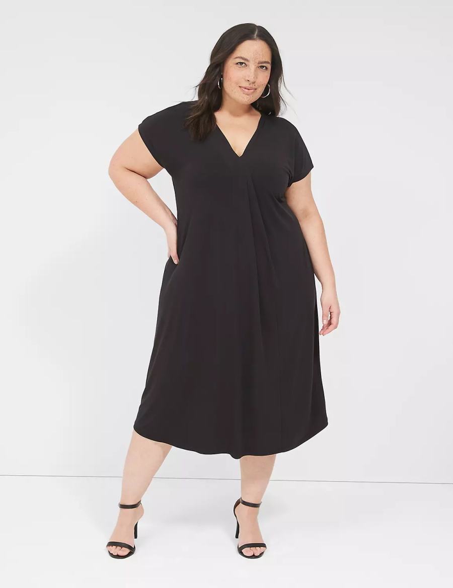 Lane Bryant V-Neck Pleat-Front Jersey Casual Jurk Dames Zwart | ZRE7063UJ
