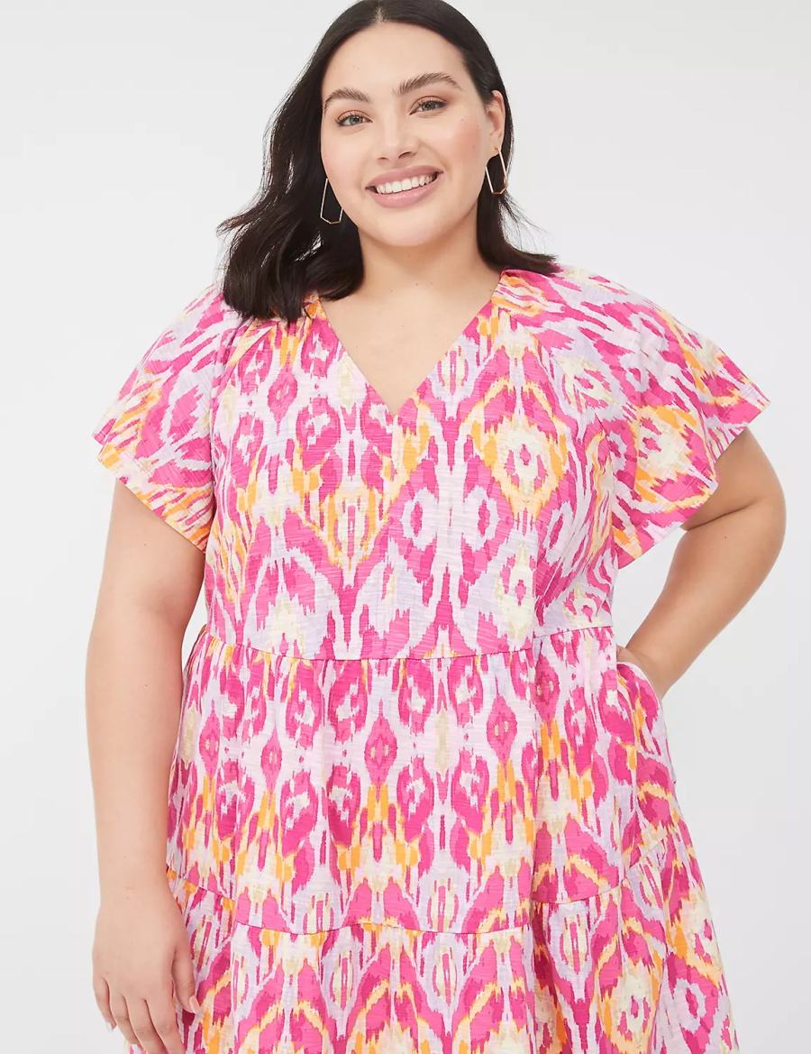 Lane Bryant V-Neck Tiered Easy Korte Jurk Dames Roze | KMC3199GV