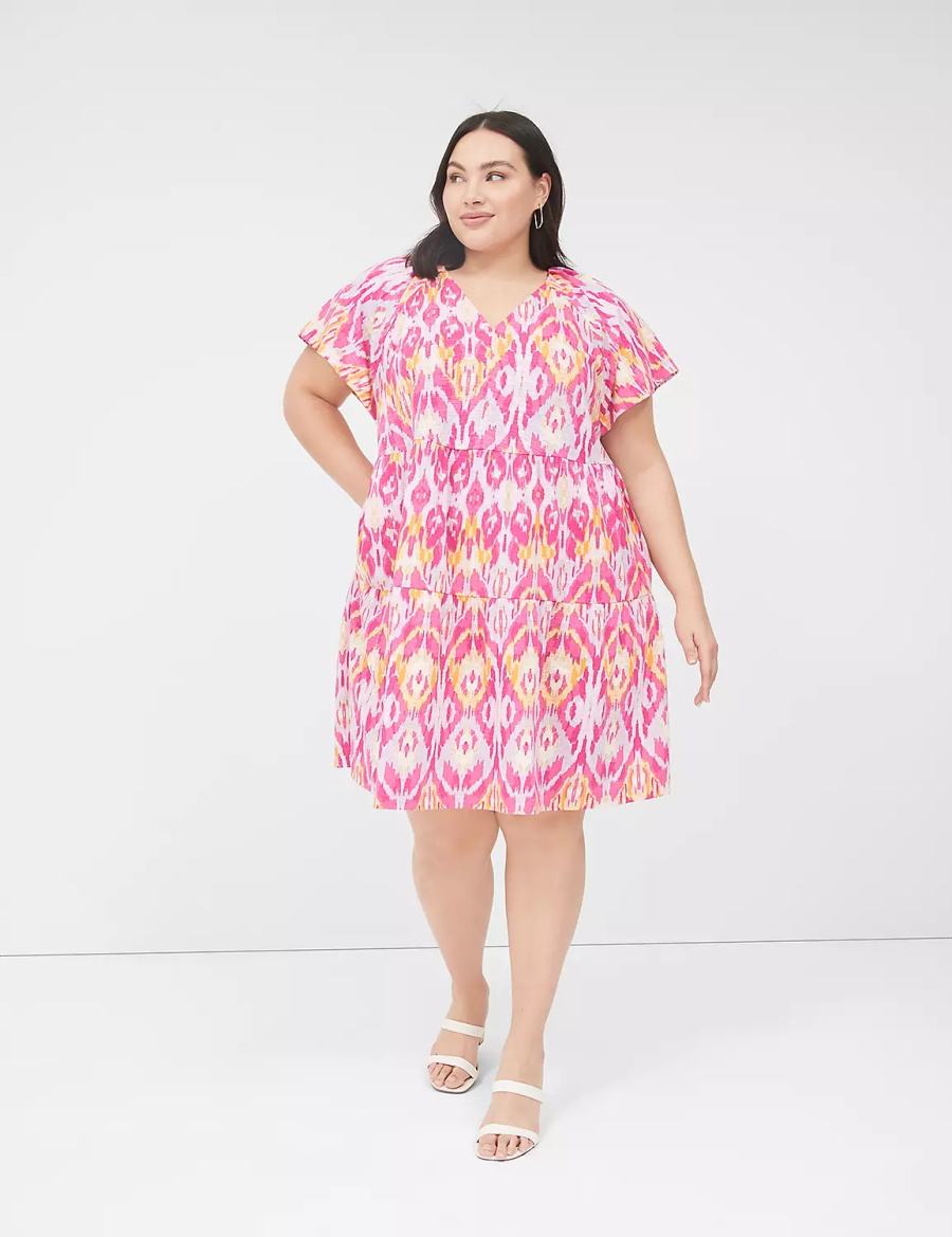 Lane Bryant V-Neck Tiered Easy Korte Jurk Dames Roze | KMC3199GV