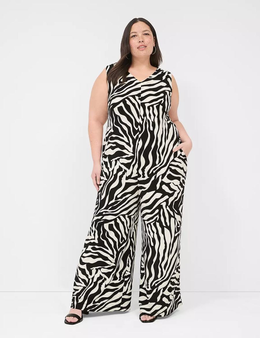 Lane Bryant V-Neck Wide Leg Jersey Jumpsuit Dames Wit Zwart | LVM4822KS