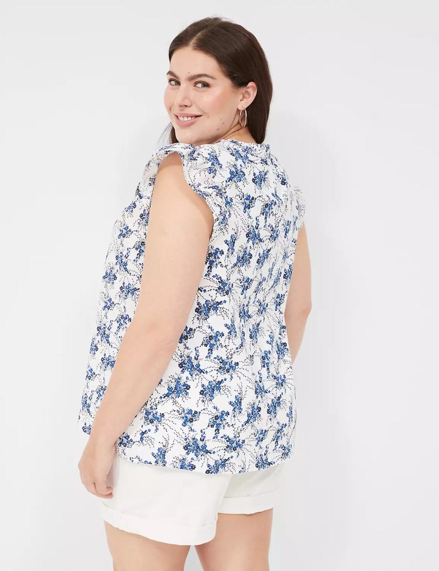 Lane Bryant Woven & Knit Cap Flutter-Sleeve Top Blouse Dames Blauw Wit | WTK3526DU